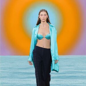 Bevza Teal Satin Button-Up Shirt